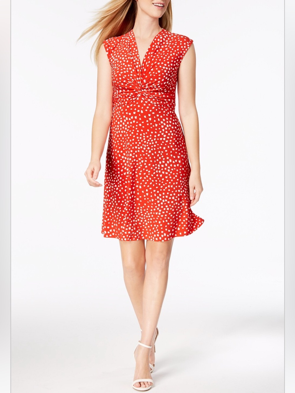 Anne Klein Red and White Polka Dot V‑Neck Twist‑Front Mini Dress